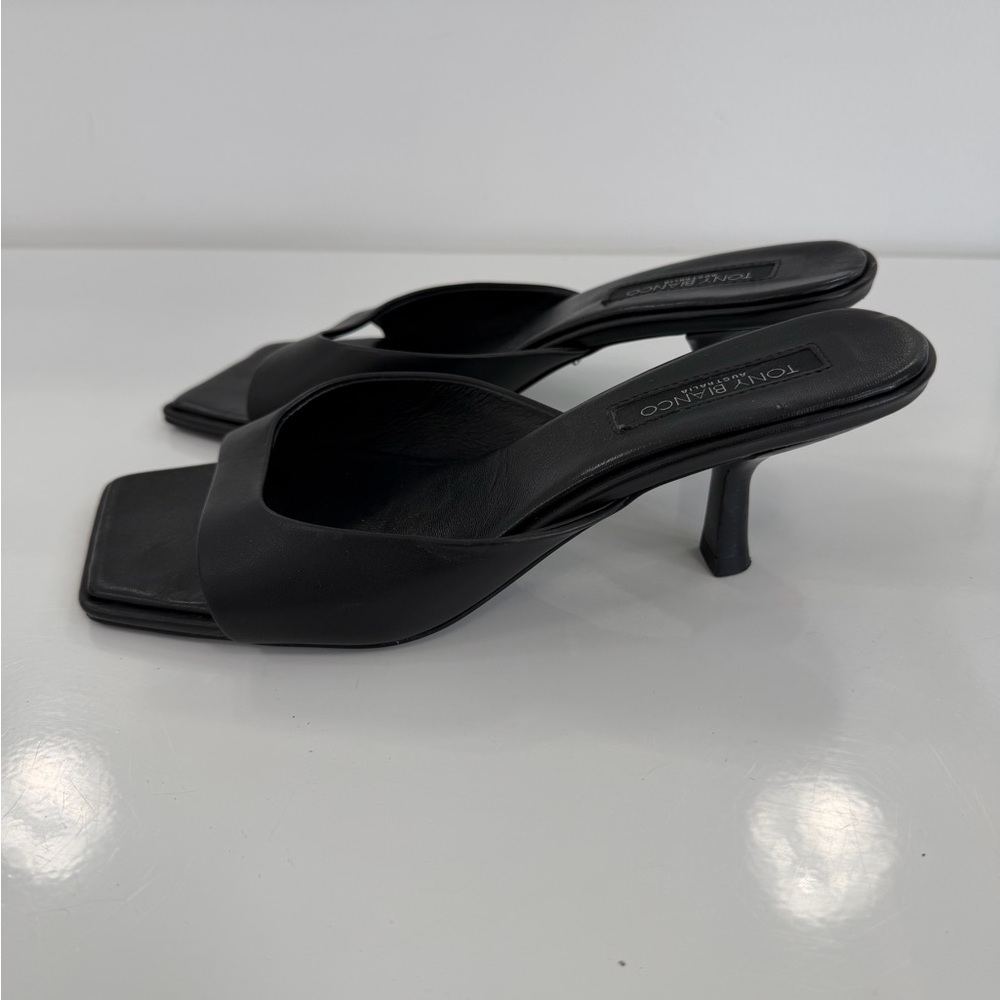 Tony Bianco Black Leather Square Toe Kitten Heels - Picture 5 of 9